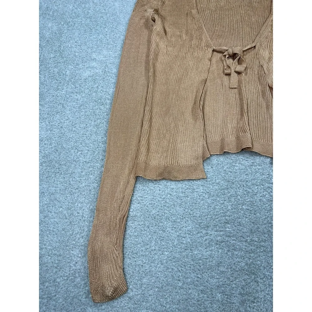 Free People Ribbed Tie Front Cardigan Tan Gold Metallic Knit Top XS